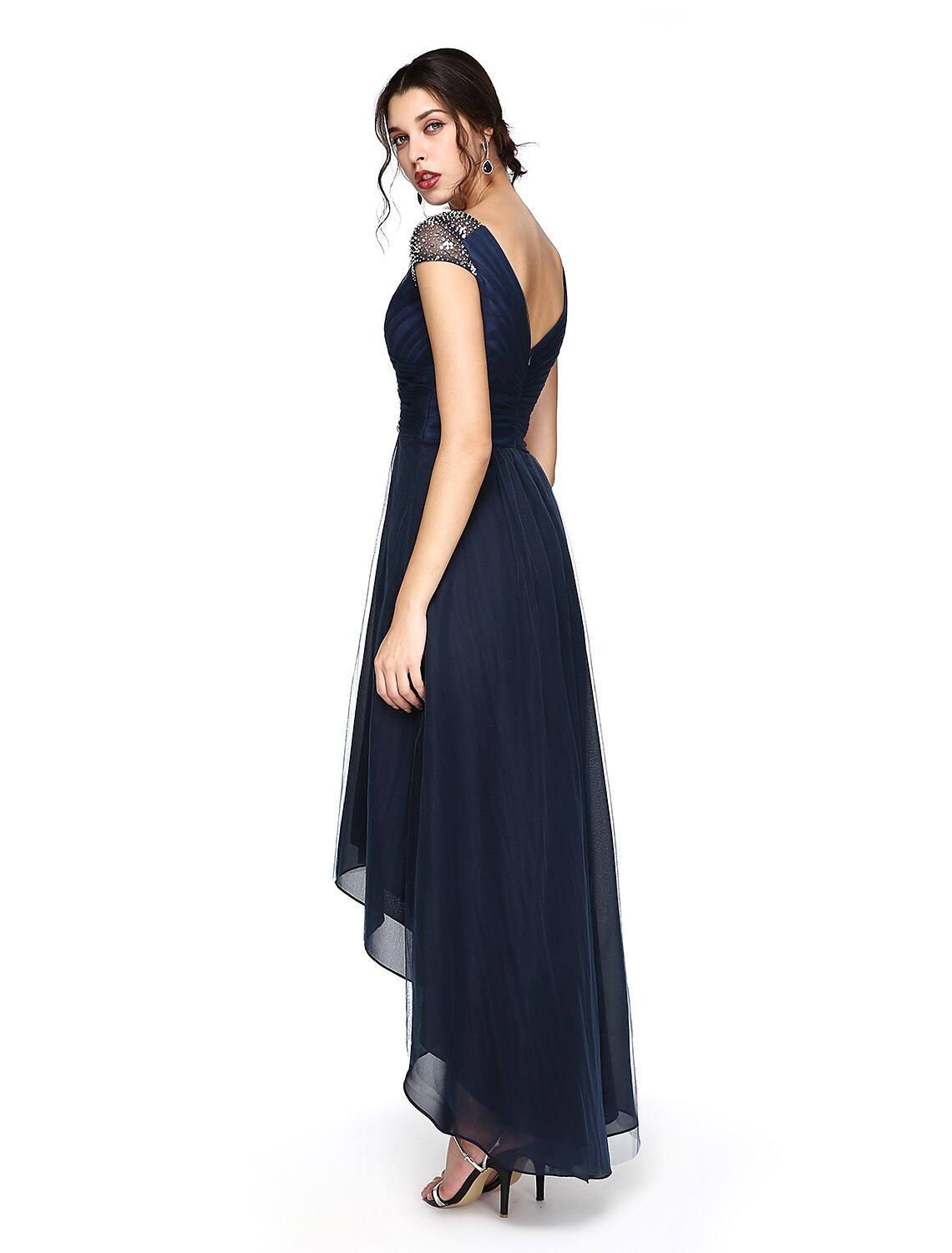 Wholesale  Sheath / Column Minimalist Dress Wedding Guest Prom Asymmetrical Short Sleeve V Neck Bridesmaid Dress Tulle V Back with Criss Cross Pleats Beading